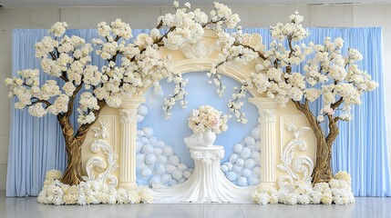 Naklejka premium Elegant Floral Decoration with White Flowers and Archway for Event Setup in Bright Light
