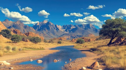 Serene mountain stream landscape.  Sunny desert valley with rocky mountains and a flowing stream