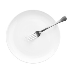 One clean plate and fork isolated on white, top view