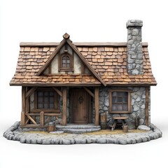 Cozy stone cottage with wooden details and a charming chimney.