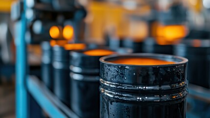 Oil and grease containers in a maintenance room Concept, Industrial Scene with Black Grease Barrels Positioned Neatly Under Standard Lighting in a Warehouse Setting