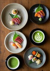 A top-down photo of an exquisite kaiseki meal featuring sushi, matcha tea, and delicate garnishes on traditional Japanese ceramic plates. A display of culinary elegance and culture.
