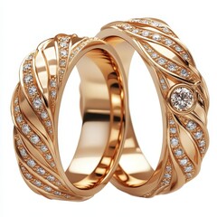 Elegant gold wedding rings with intricate designs and sparkling gems.