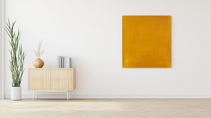 Modern interior with vibrant yellow artwork.