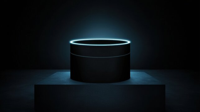 A futuristic black cylinder with glowing blue light at the top sits on a black pedestal. - Powered by Adobe