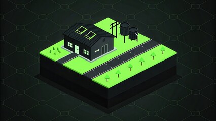 Naklejka premium Green Tech Concept. Dark Isometric House On Green Plot Near Road With Trees And Water Towers Low Poly Design