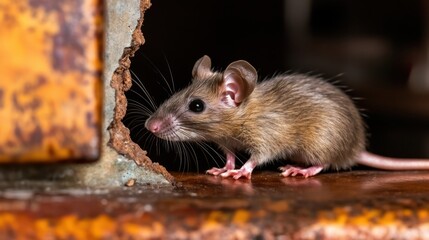 Rat infestation Concept, Small Brown Rat Emerging from a Crack in a Weathered Wall of an Abandoned Building