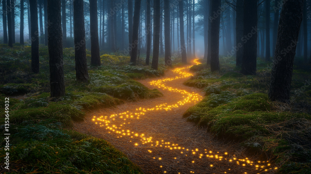 Poster a foggy pine forest with a mysterious glowing path leading inside.