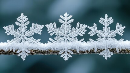 Frosted snowflakes delicately resting on a branch
