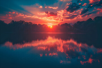 Enchanting Sunset Over Serene Lake Surrounded by Silhouetted Trees