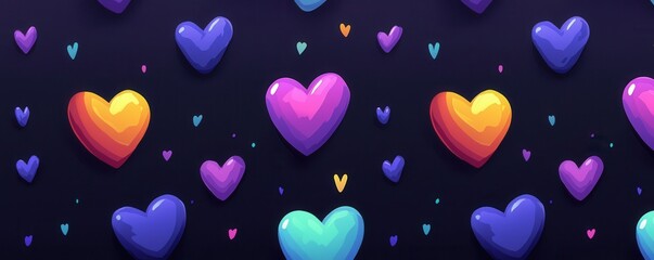 A vibrant, colorful pattern of hearts against a dark background, evoking feelings of love and joy.