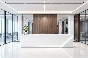 Modern office reception with white desk and wood panel wall.