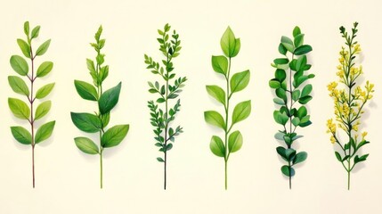 Collection of Green Leaves and Yellow Flowers Botanical Illustration