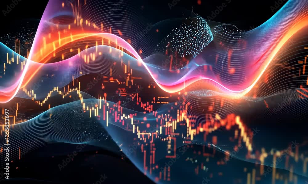 Poster abstract data wave on black background with glowing orange and blue light futuristic visual structur
