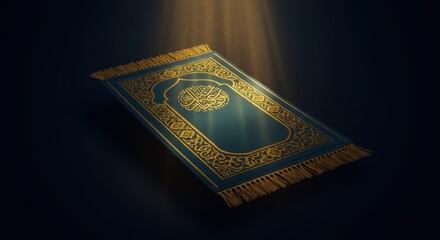 Fototapeta premium Serene Islamic Prayer Mat: Teal and Gold Prayer Rug Under Divine Light