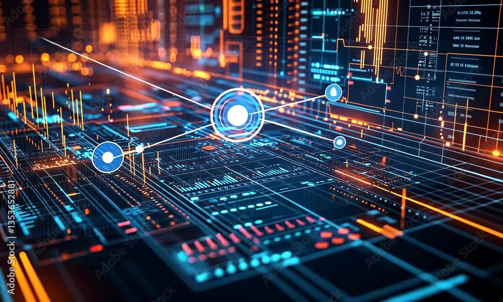 Poster abstract digital network background in blue and orange with futuristic circuit design and data conne