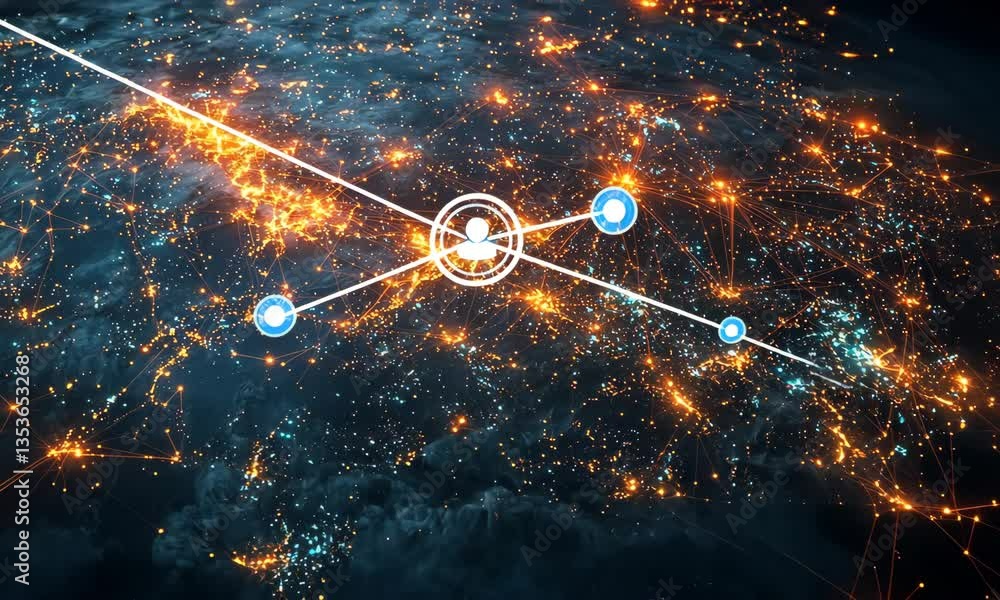 Poster abstract digital network over dark background with glowing orange nodes and white connections