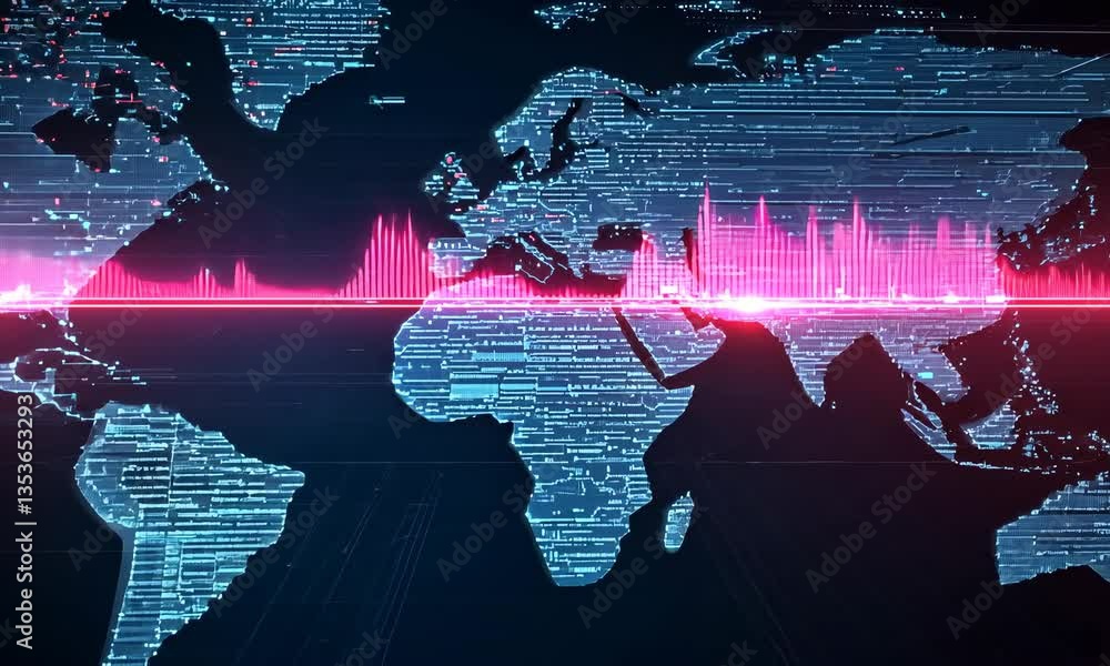 Poster abstract digital world map with pink and blue glowing data points for technology related designs