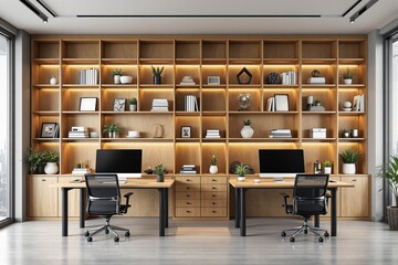 Modern office interior with wooden bookshelf and workspace.