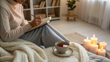 A cozy indoor scene featuring a person journaling with a cup of tea and candles, creating a warm, peaceful atmosphere.