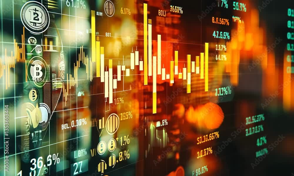 Poster abstract financial chart data visualization with yellow and white elements on dark background and bl
