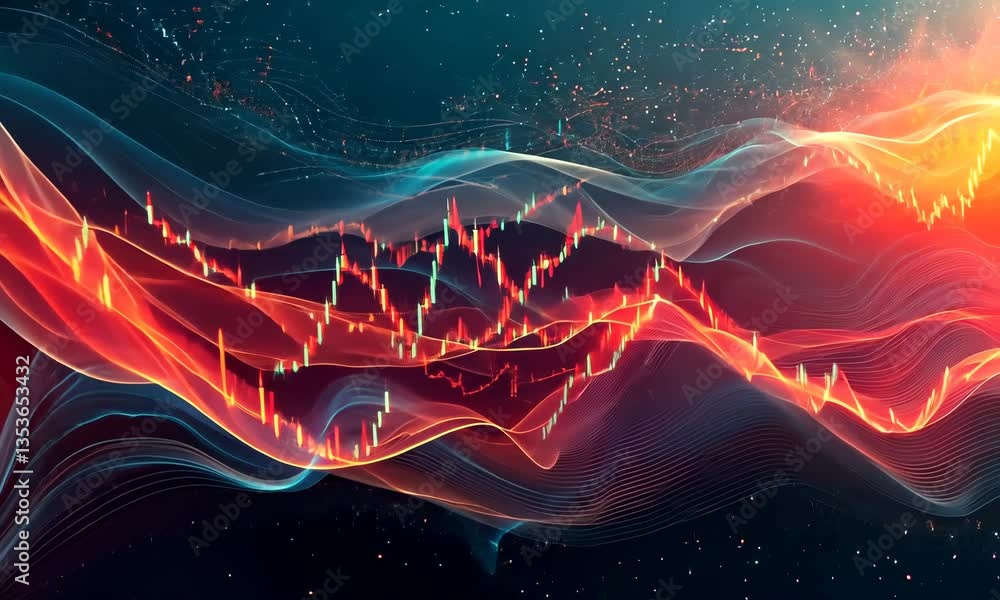 Poster abstract financial chart with glowing lines in blue and red for business data