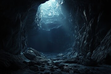 Dark cave interior, light at the end