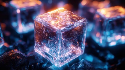 Glowing Ice Cubes on Dark Surface with Colorful Lighting