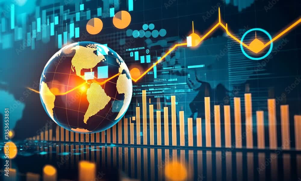 Aufkleber abstract globe with business chart data in teal and orange against blurred digital background