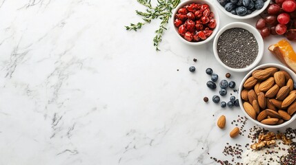 Healthy food selection on a marble background for balanced nutrition
