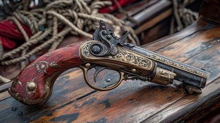 Ornate Flintlock Pistol on Wooden Surface: A Relic of Maritime History