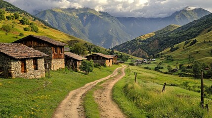 Scenic mountain village view with stone houses and dirt road under cloudy sky