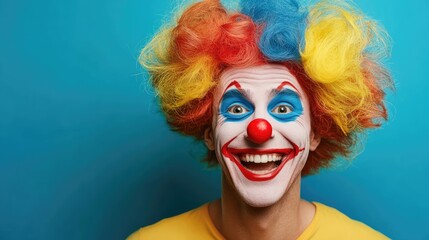Cheerful clown with vibrant hair and makeup smiling against a bright blue background, evoking joy and fun