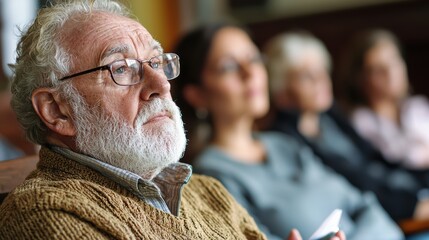 thoughtful older man with glasses listens intently during discussion, surrounded by diverse group of adults. atmosphere is reflective and engaged, highlighting importance of shared experiences