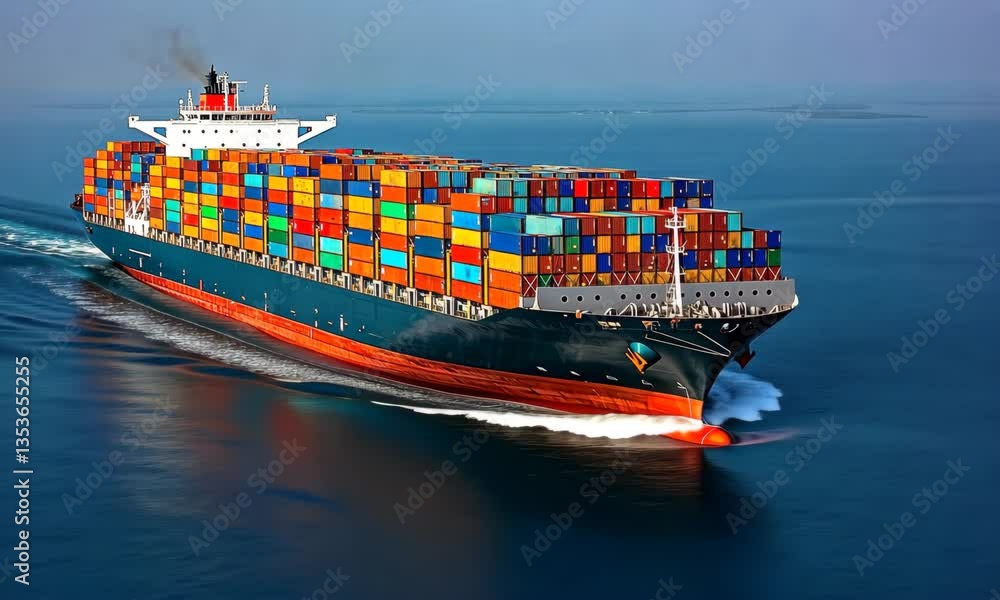 Poster aerial view of a container ship laden with multicolored cargo boxes sailing on open ocean under clea