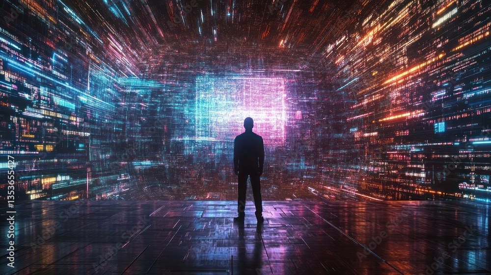 Poster cybersecurity guardian silhouette in a dynamic digital information stream