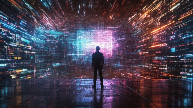 Cybersecurity guardian silhouette in a dynamic digital information stream