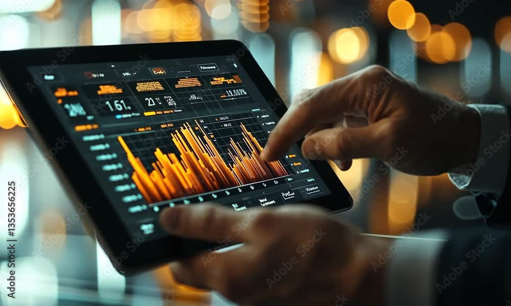 Aufkleber businessman using tablet with financial charts and data with blurred bokeh lights background close u