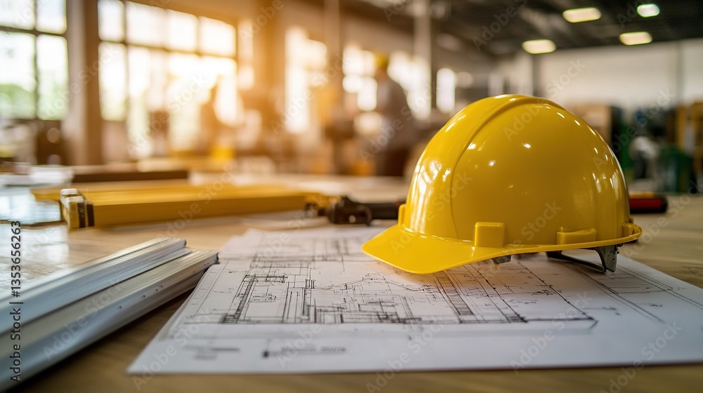 Poster engineer working in factory with safety helmet and blueprint plans