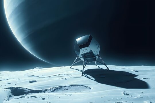 Saturn's moon, lander, and a frozen landscape in space.