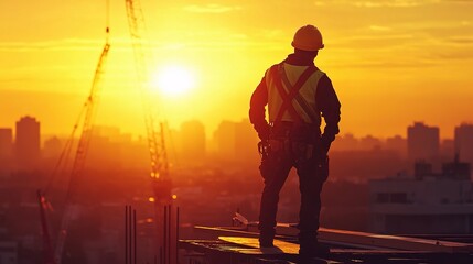 Fototapeta premium Silhouette of Construction Worker Overlooking City at Sunset
