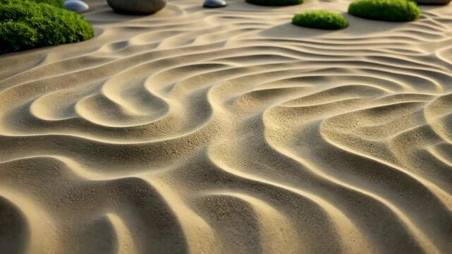 Serene zen garden with shifting sand patterns and mossy stones in tranquil sunlight