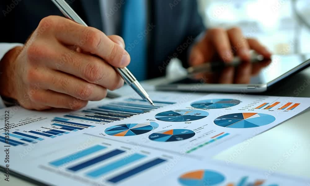 Poster close up of business analytics report review with blue charts and graphs on white desk with person h