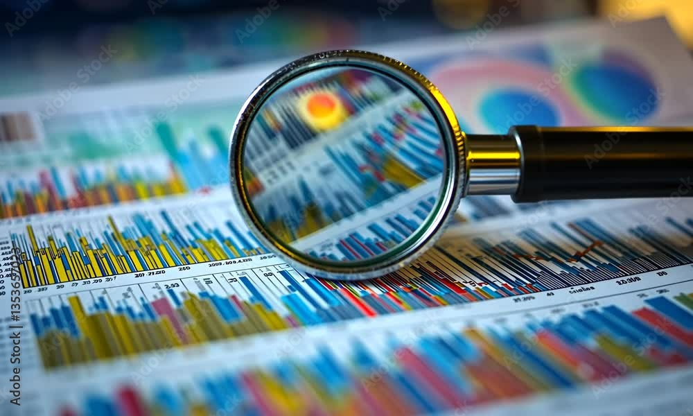 Poster close up of a magnifying glass on multicolor financial charts and graphs for data analysis