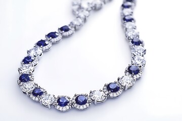 Obraz premium An elegant portrait of a diamond and sapphire necklace, with alternating stones, against a stark white background.