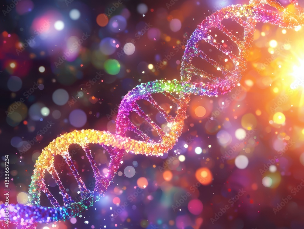 Aufkleber artistic interpretation of dna strands with vibrant colors and sparkling effects, creating mesmerizi