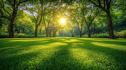Sunlit green grass park with trees.
