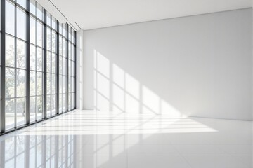 Bright empty modern interior with large windows and sunlight reflections on white walls and floor.