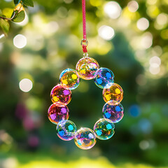 A colorful bubble wreath sways gently in a vibrant garden, evoking joy.