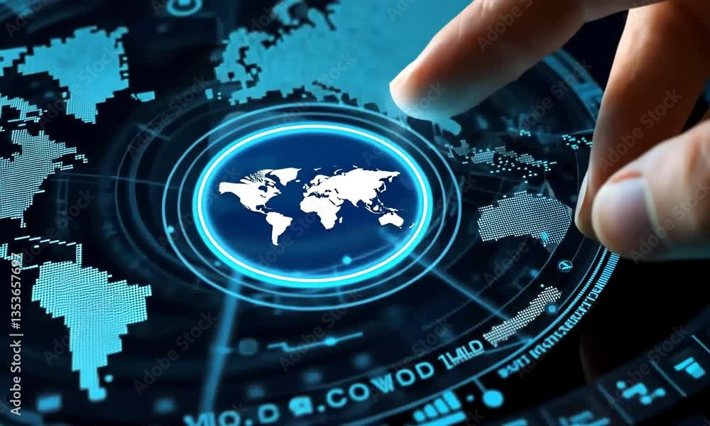 Aufkleber close up of finger touching glowing blue world map on digital touch screen interface displaying glob